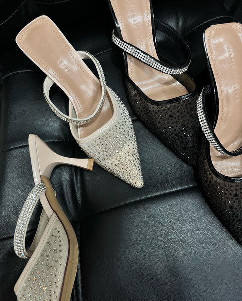 Pointed Toe Lace Mess Stone Embellished Heels